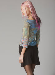 Mesh Printed Quarter Sleeve Top With Wide Neck UNIF