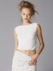 Sleeveless Top With Wide Neck & Ruffled Trim in White UNIF