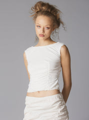 Sleeveless Top With Wide Neck & Ruffled Trim in White UNIF