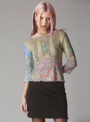 Mesh Printed Quarter Sleeve Top With Wide Neck UNIF