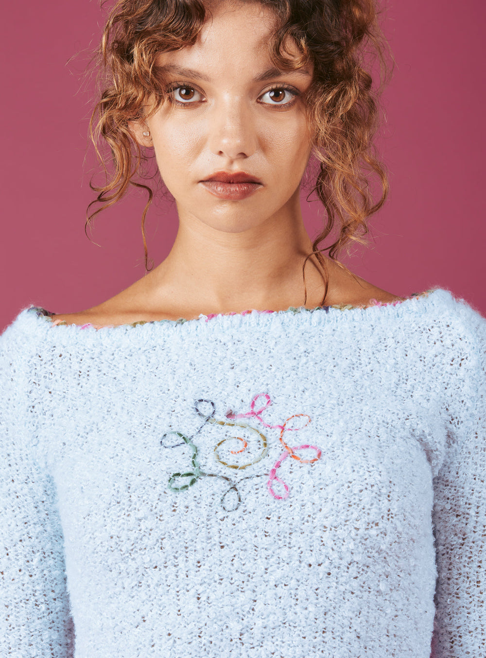 Soft Baby Blue Cropped Boucle-Knit Sweater UNIF