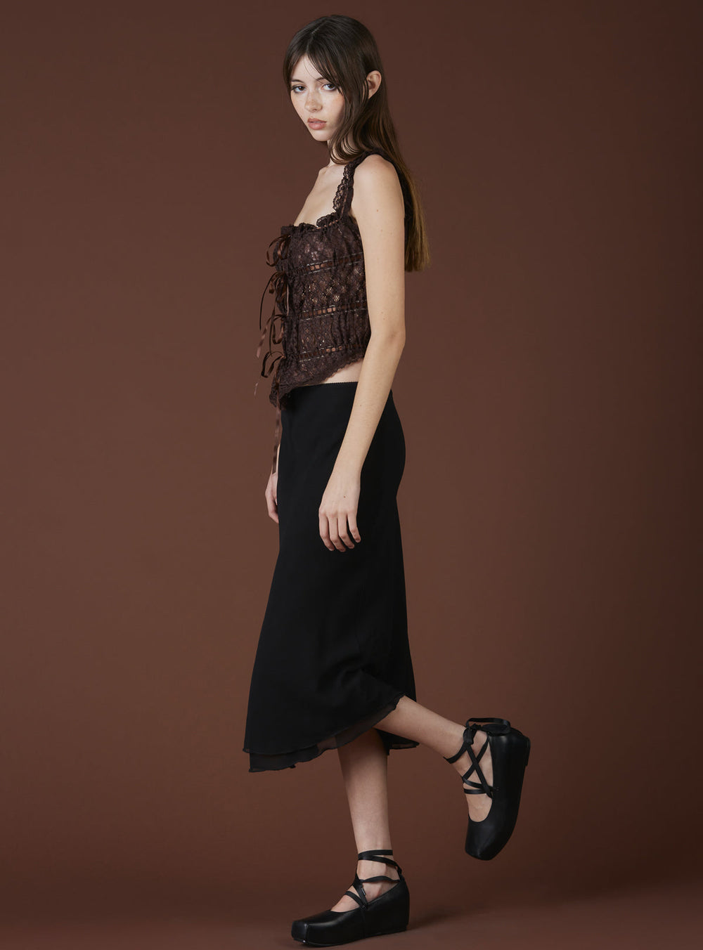 Lace Blouse With Ribbon Lace-Up In Brown UNIF
